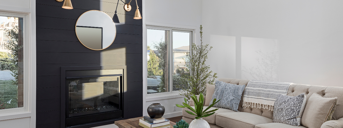 modern living room black fireplace