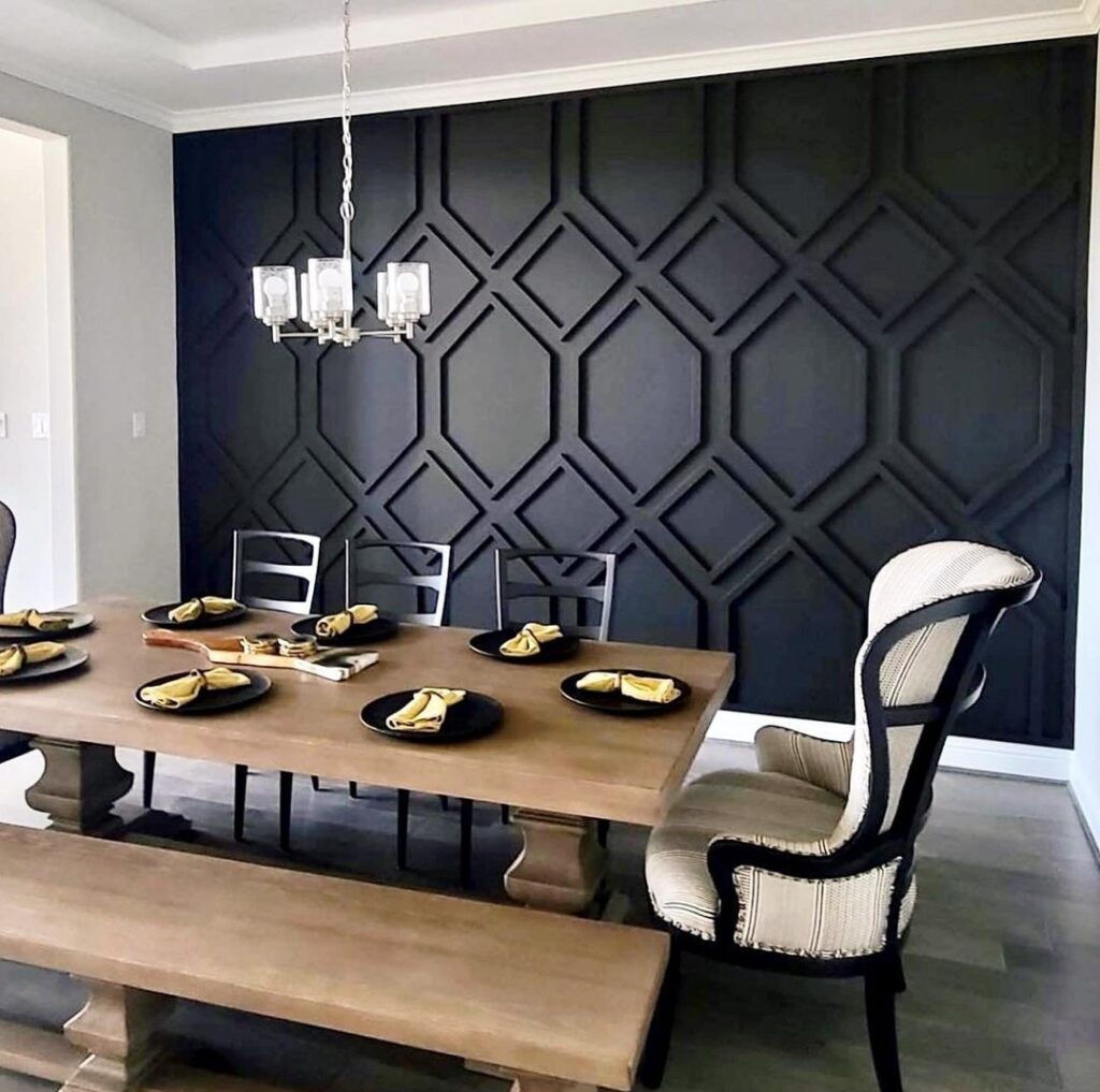 black accent wall with wood board and batten feature wall geometric dining room interior design